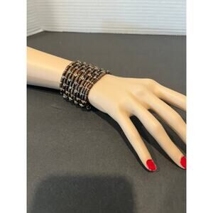 Vintage Boho Multi-Tone Bronze Metal Beaded with Rhinestones Stretch Bracelet